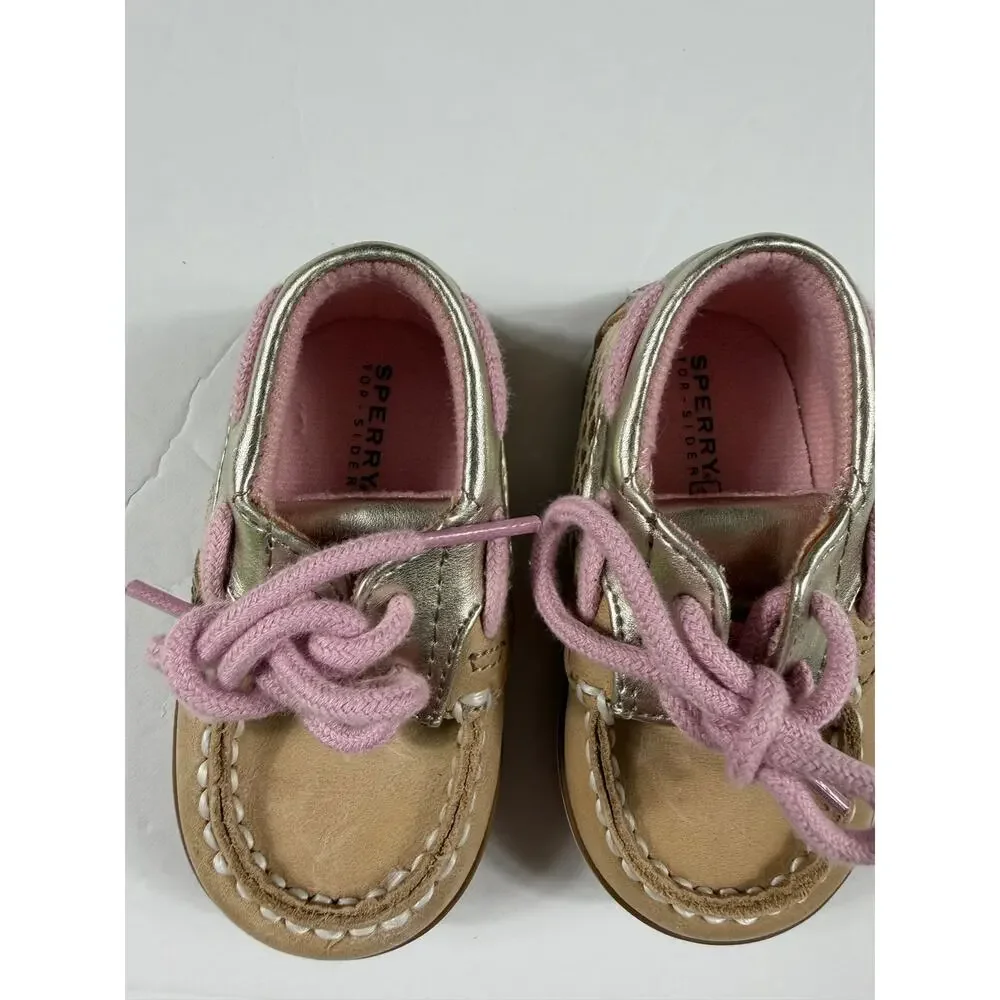 Sperry Bluefish Crib Boat Shoes Tan Metallic Gold Pink Baby Size 2